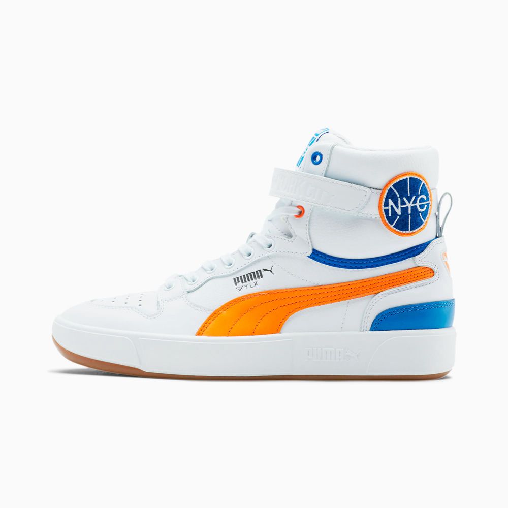 Puma Sky LX Mid Cut Athletic NYC Férfi Kosárlabda Cipő - Fehér/Narancssárga/Kék ( Hungary - IQUOV987